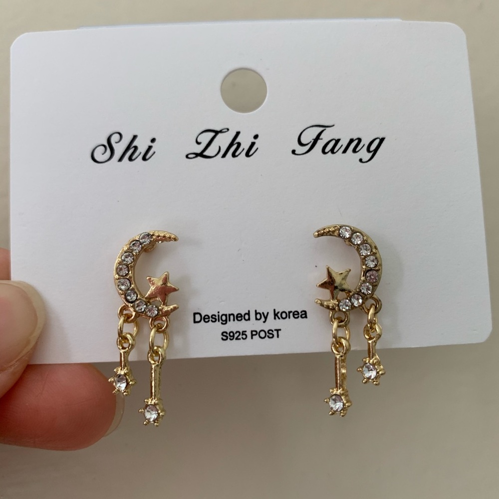 Rhinestone Moon & Star Drop Earrings